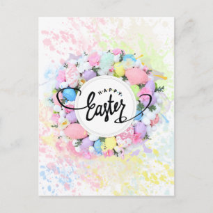 Colourful Watercolor Easter Wreath Calligraphy Postcard