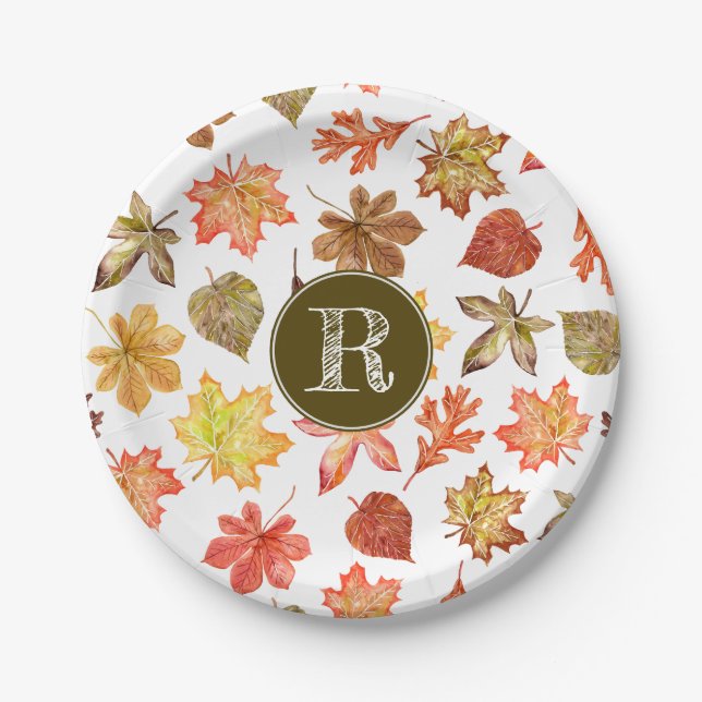 Colourful watercolor fall leaves pattern monogram paper plate (Front)