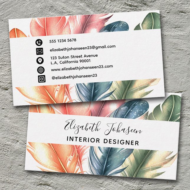 Colourful Watercolor Feathers Black Script Name  Business Card (Creator Uploaded)