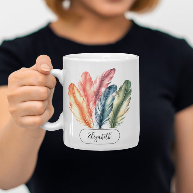 Colourful Watercolor Feathers Black Script Name Coffee Mug (Creator Uploaded)