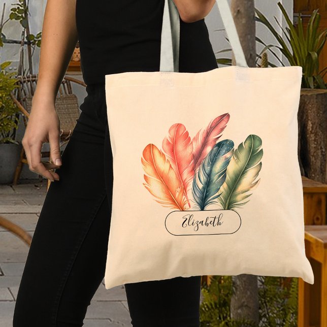 Colourful Watercolor Feathers Black Script Name Tote Bag (Creator Uploaded)