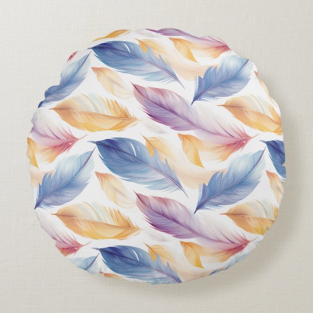 Colourful Watercolor Feathers Round Pillow (Front)