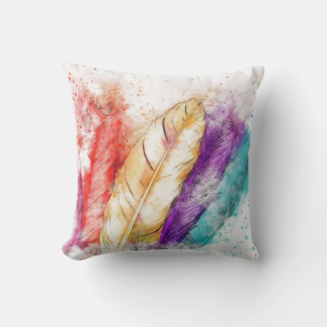 Colourful Watercolor Feathers Throw Pillow (Front)