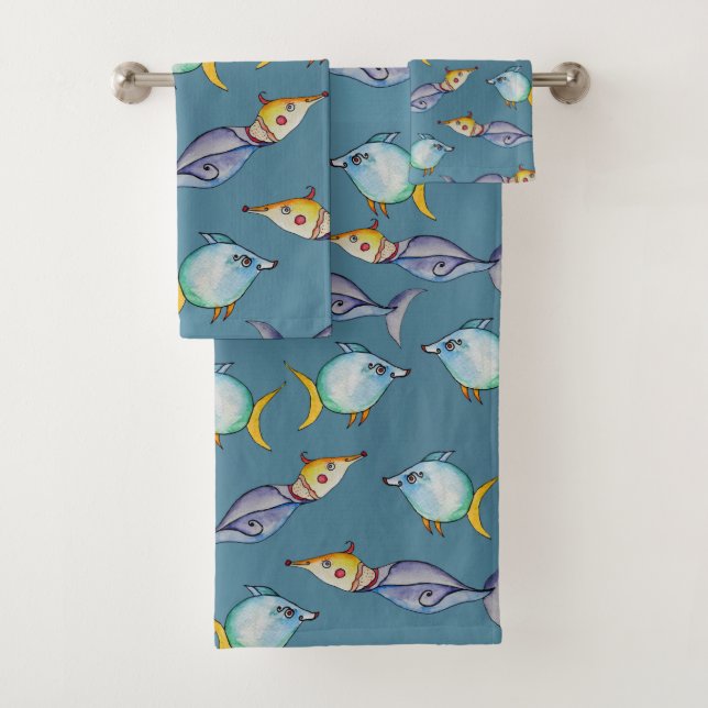 Colourful Watercolor Fish Bath Towel Set (Insitu)