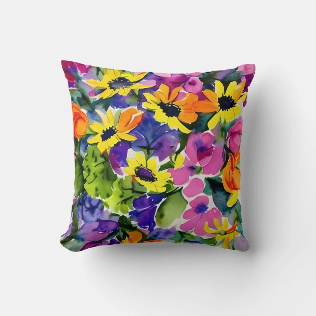 Colourful Watercolor Floral Art Throw Pillow (Front)