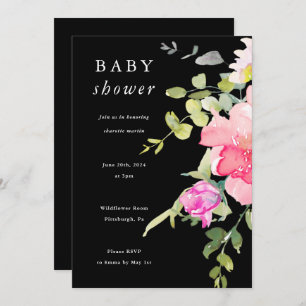 Colourful Watercolor Floral Baby Shower Black Invitation