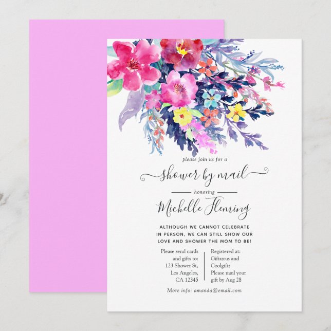 Colourful Watercolor Floral Baby Shower by Mail Invitation (Front/Back)