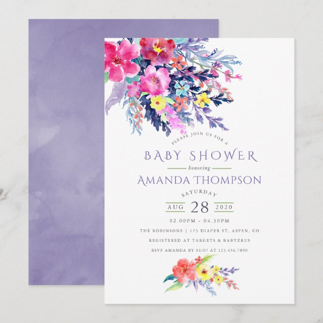 Colourful Watercolor Floral Baby Shower Invitation (Front/Back)