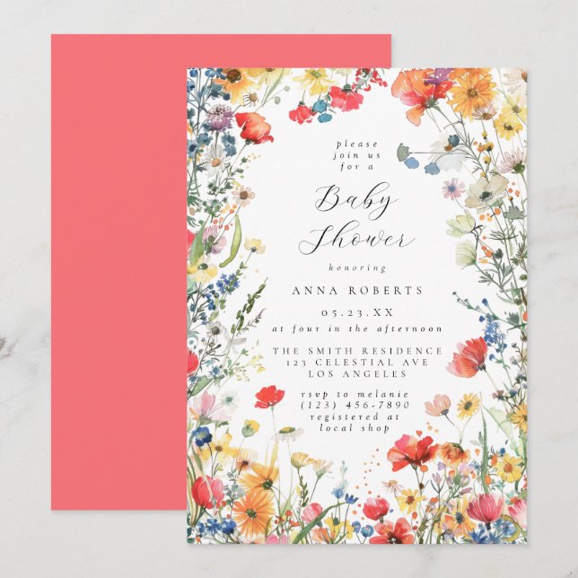 Colourful Watercolor Floral Baby Shower Invitation (Front/Back)