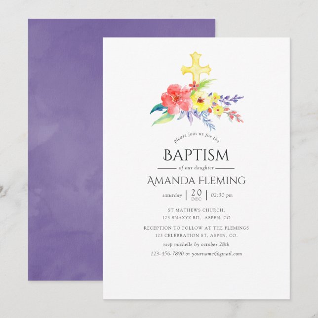 Colourful Watercolor Floral Baptism or Christening Invitation (Front/Back)