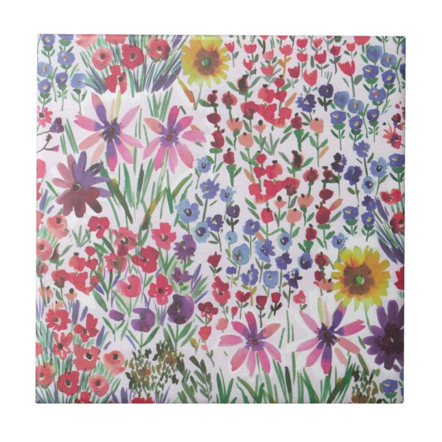 Colourful Watercolor Floral botanical Boho Garden  Tile (Front)