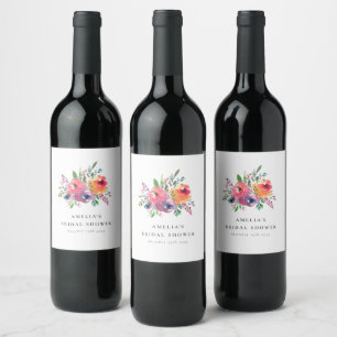 Colourful Watercolor Floral Bridal Shower Custom Wine Label