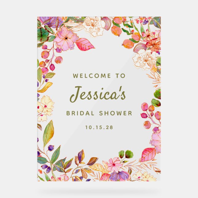 Colourful Watercolor Floral Bridal Shower Welcome Acrylic Sign (Front)