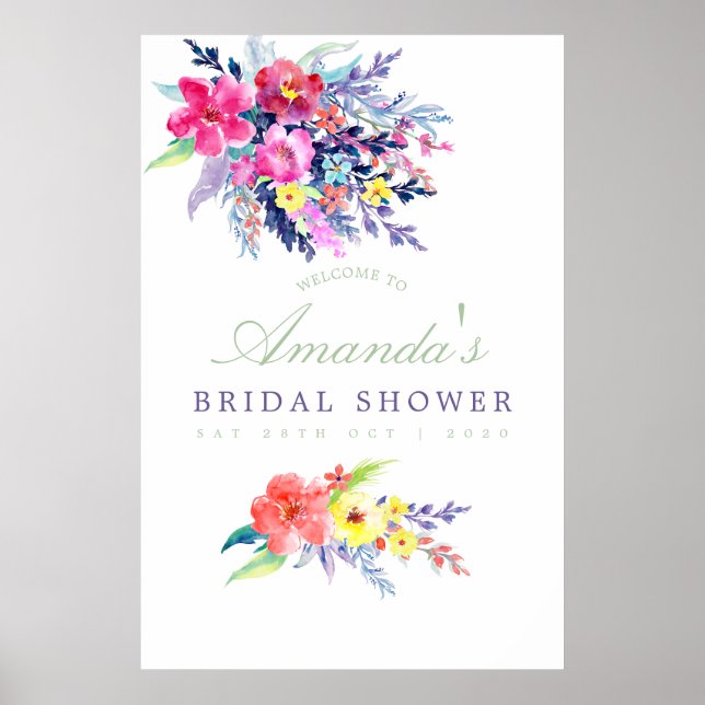 Colourful Watercolor Floral Bridal Shower Welcome Poster (Front)