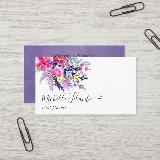 Colourful Watercolor Floral Business Card (Front/Back In Situ)
