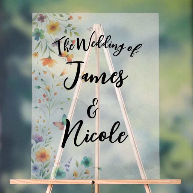 Colourful Watercolor Floral Butterfly Wedding Acrylic Sign (Neutral)