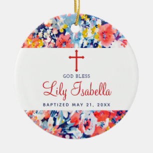 Colourful Watercolor Floral Christening Baptism Ceramic Ornament