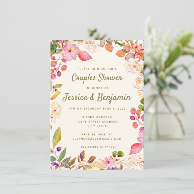 Colourful Watercolor Floral Custom Couples Shower  Invitation (Standing Front)