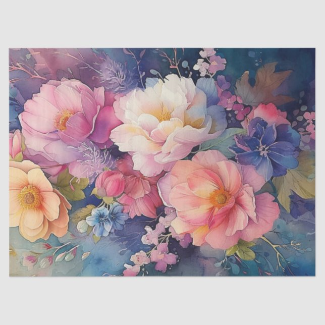 Colourful Watercolor Floral Decoupage Tissue Paper (Front)
