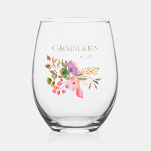 Colourful Watercolor Floral Elegant Custom Wedding Stemless Wine Glass