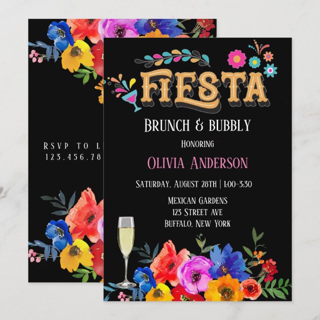Colourful Watercolor Floral Fiesta Brunch &  Bubbl Invitation (Front/Back)