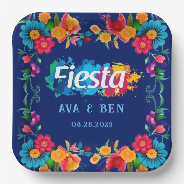Colourful Watercolor Floral Fiesta Wedding Paper Plate (Front)