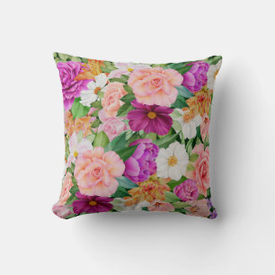 Colourful Watercolor Floral Garden Purple Pink Ros Throw Pillow