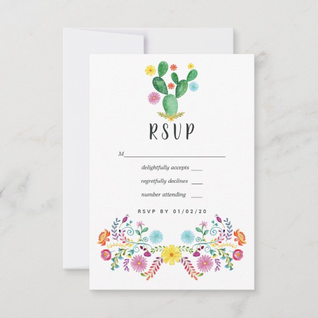 Colourful Watercolor Floral Mexican Fiesta Wedding RSVP Card (Front)