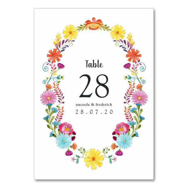 Colourful Watercolor Floral Mexican Fiesta Wedding Table Number (Front)