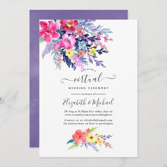 Colourful Watercolor Floral Online Virtual Wedding Invitation (Front/Back)