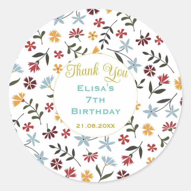 Colourful Watercolor Floral Pattern Birthday Classic Round Sticker (Front)