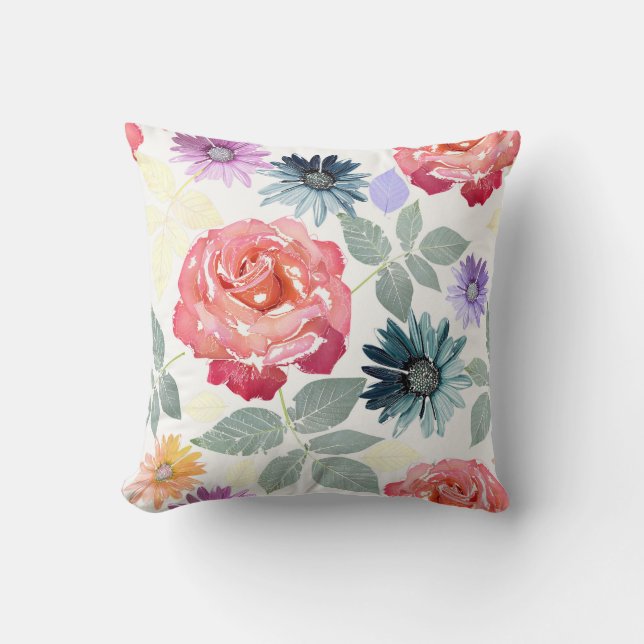 Colourful watercolor floral pattern.  throw pillow (Front)