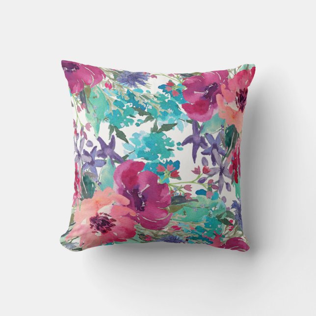 Colourful Watercolor Floral Pattern Throw Pillow (Front)