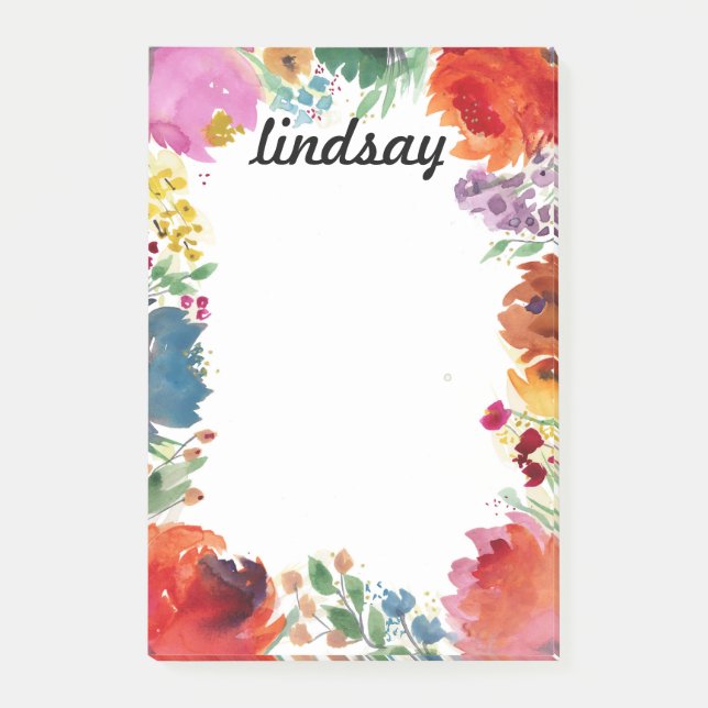 Colourful Watercolor Floral Personalized Stationer Post-it Notes (Front)