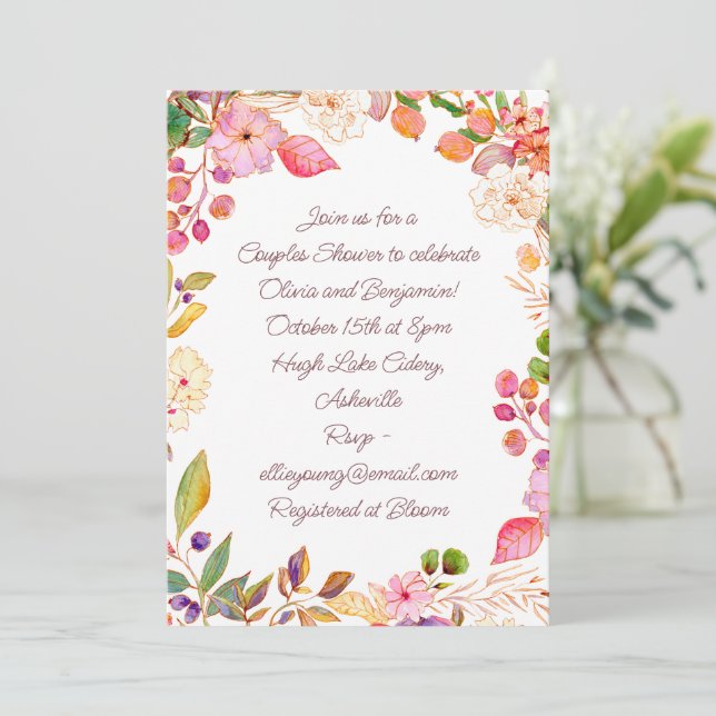 Colourful Watercolor Floral Script Couples Shower  Invitation (Standing Front)