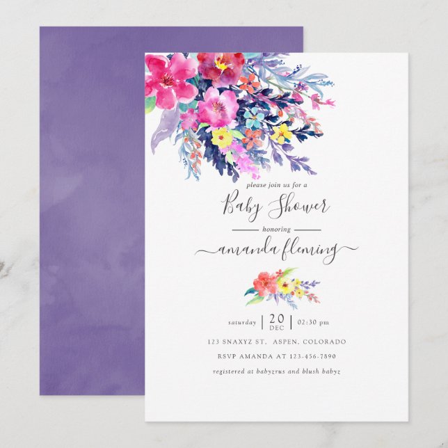 Colourful Watercolor Floral Spring Baby Shower Invitation (Front/Back)