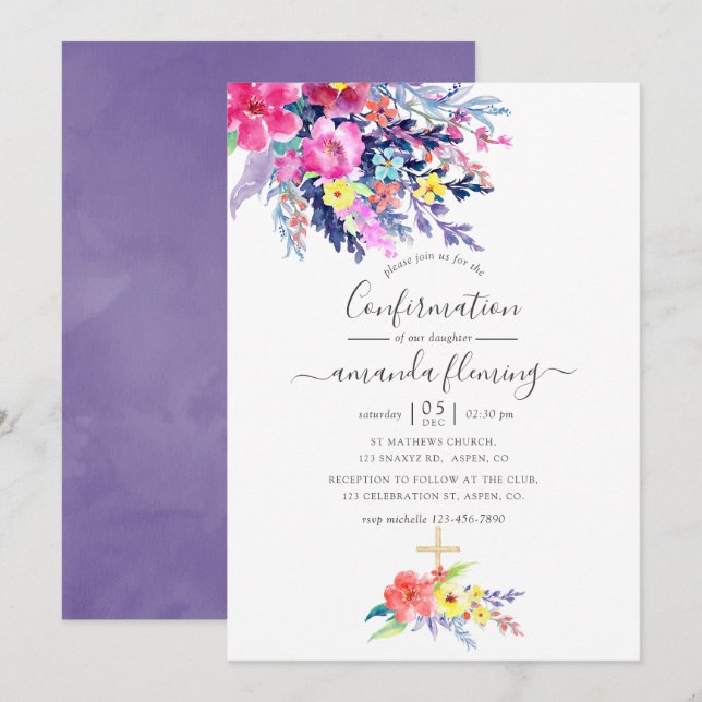 Colourful Watercolor Floral Spring Confirmation Invitation (Front/Back)