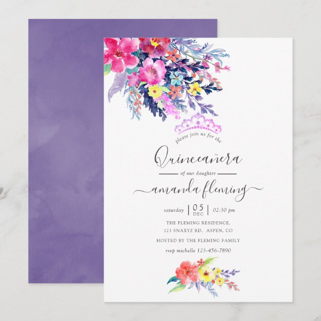 Colourful Watercolor Floral Spring Quinceañera Invitation (Front/Back)