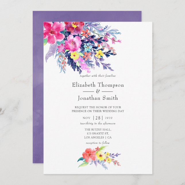 Colourful Watercolor Floral Spring - Summer Weddin Invitation (Front/Back)