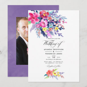 Colourful Watercolor Floral Spring Wedding Photo Invitation