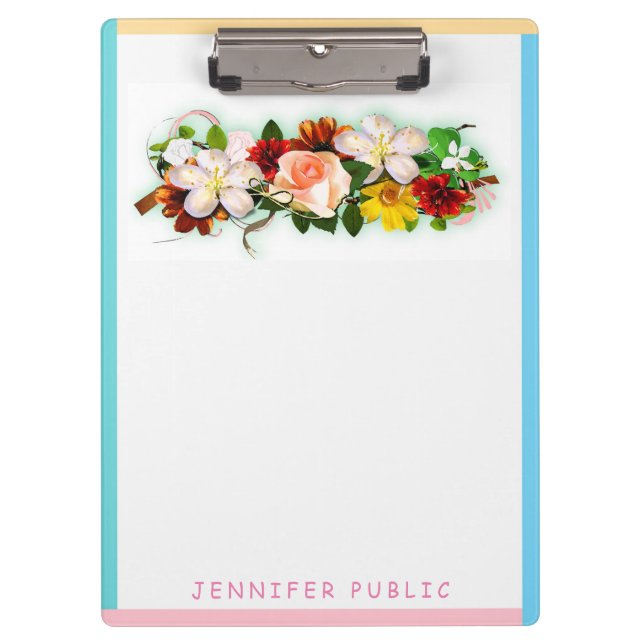 Colourful Watercolor Floral Template Blue Green Clipboard (Front)