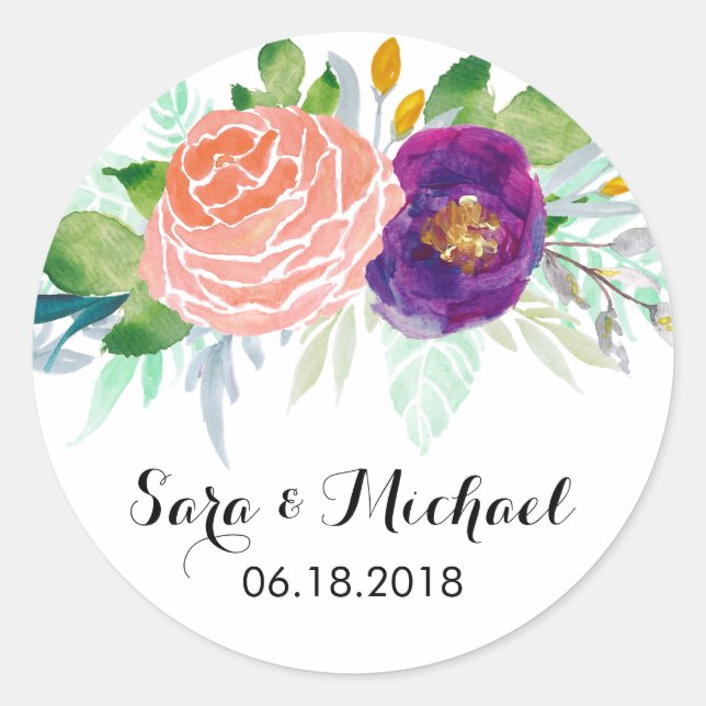 Colourful Watercolor Floral Wedding Classic Round Sticker (Front)