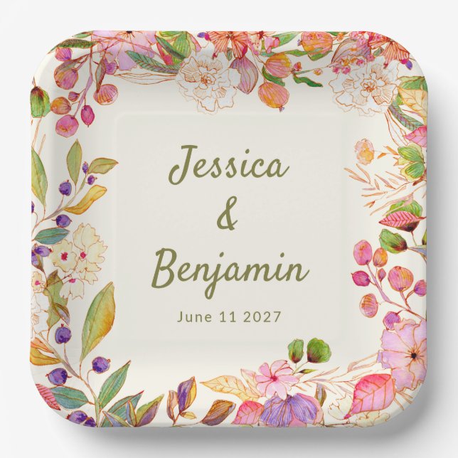 Colourful Watercolor Floral Wedding Custom Name Paper Plate (Front)