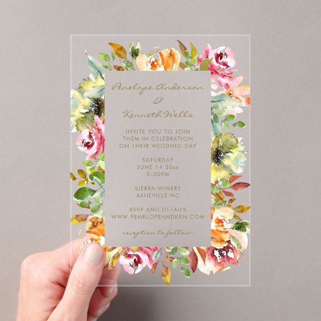 Colourful Watercolor Floral Wedding Earthy Boho Acrylic Invitations (Insitu (Handheld))