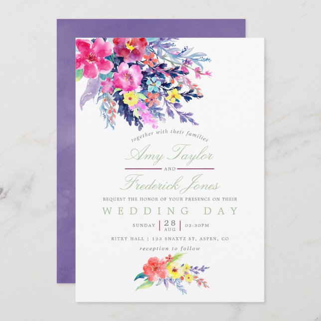 Colourful Watercolor Floral Wedding Invitation (Front/Back)