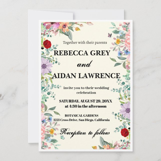 Colourful Watercolor Floral Wedding Invitation – S (Front)