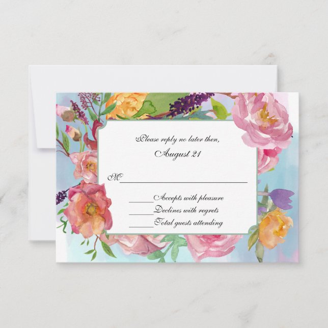 Colourful Watercolor Floral Wedding RSVP Card (Front)