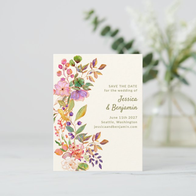 Colourful Watercolor Floral Wedding Save the Date Postcard (Standing Front)