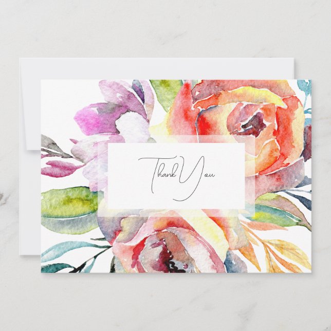 Colourful Watercolor Floral Wedding Thank You  (Front)