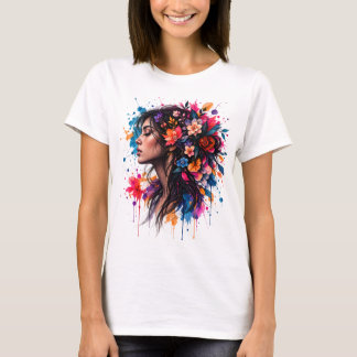 Colourful Watercolor Floral Woman Art T-Shirt